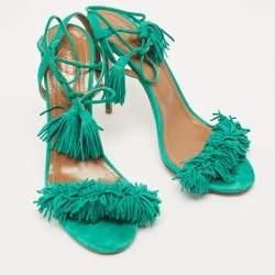 Pre Owned Aquazzura Teal Green Fringed Suede Wild Thing Tasseled Ankle Wrap Sandals Size 38