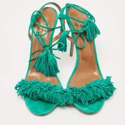 Pre Owned Aquazzura Teal Green Fringed Suede Wild Thing Tasseled Ankle Wrap Sandals Size 38