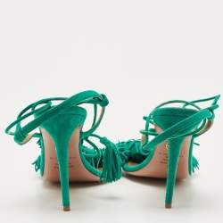 Pre Owned Aquazzura Teal Green Fringed Suede Wild Thing Tasseled Ankle Wrap Sandals Size 38