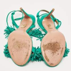 Pre Owned Aquazzura Teal Green Fringed Suede Wild Thing Tasseled Ankle Wrap Sandals Size 38