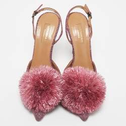 Pre Owned Aquazzura Pink Lurex Fabric Powder Puff Slingback Pumps Size 38
