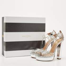 Pre Owned Aquazzura Metallic Silver Leather Josephine Platform Ankle Strap Sandals Size 38