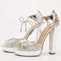 Pre Owned Aquazzura Metallic Silver Leather Josephine Platform Ankle Strap Sandals Size 38