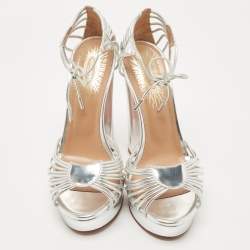 Pre Owned Aquazzura Metallic Silver Leather Josephine Platform Ankle Strap Sandals Size 38