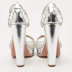 Pre Owned Aquazzura Metallic Silver Leather Josephine Platform Ankle Strap Sandals Size 38