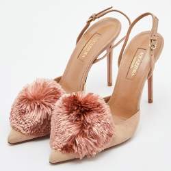 Pre Owned Aquazzura Beige Suede Powder Puff Pointed Toe Slingback Sandals Size 36