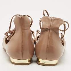 Pre Owned Aquazzura Beige Leather Christy Tie Up Pointed Toe Ballet Flats Size 39.5