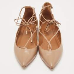 Pre Owned Aquazzura Beige Leather Christy Tie Up Pointed Toe Ballet Flats Size 39.5