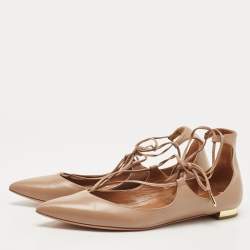Pre Owned Aquazzura Beige Leather Christy Tie Up Pointed Toe Ballet Flats Size 39.5