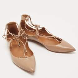 Pre Owned Aquazzura Beige Leather Christy Tie Up Pointed Toe Ballet Flats Size 39.5
