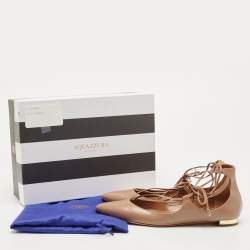 Pre Owned Aquazzura Beige Leather Christy Tie Up Pointed Toe Ballet Flats Size 39.5