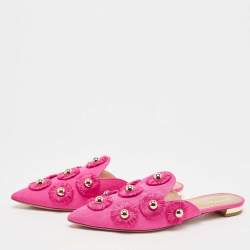 Pre Owned Aquazzura Pink Fabric Studded Sunflower Flat Mules Size 37