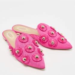 Pre Owned Aquazzura Pink Fabric Studded Sunflower Flat Mules Size 37