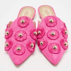 Pre Owned Aquazzura Pink Fabric Studded Sunflower Flat Mules Size 37