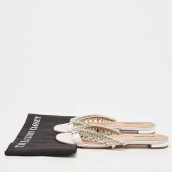 Pre Owned Aquazzura White Satin Embellished Gem Palace Flat Slides Size 39.5
