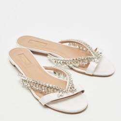 Pre Owned Aquazzura White Satin Embellished Gem Palace Flat Slides Size 39.5