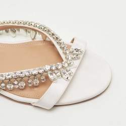 Pre Owned Aquazzura White Satin Embellished Gem Palace Flat Slides Size 39.5