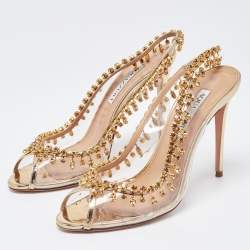 Pre Owned Aquazzura Gold Leather and PVC Temptation  Slingback Pump Size 37.5