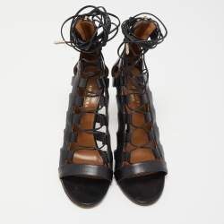 Pre Owned Aquazzura Black Leather Amazon Lace Up Open Toe Sandals Size 38