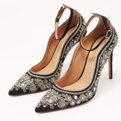 Pre Owned Aquazzura Black Suede Embroidered Jaipur Pumps Size 37
