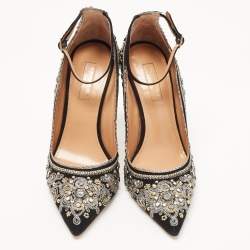 Pre Owned Aquazzura Black Suede Embroidered Jaipur Pumps Size 37