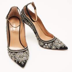 Pre Owned Aquazzura Black Suede Embroidered Jaipur Pumps Size 37
