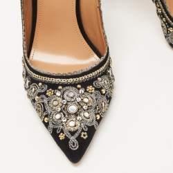 Pre Owned Aquazzura Black Suede Embroidered Jaipur Pumps Size 37