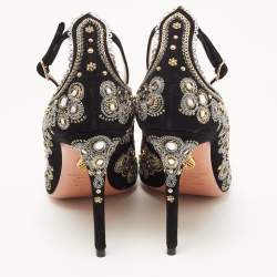 Pre Owned Aquazzura Black Suede Embroidered Jaipur Pumps Size 37