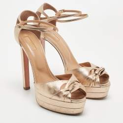 Pre Owned Aquazzura Metallic Leather Knotted Ankle Strap Platform Sandals Size 41