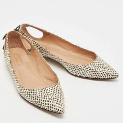 Pre Owned Aquazzura Beige/Cream Snake Embossed Leather Forever Marilyn Tassel Ballet Flats Size 37