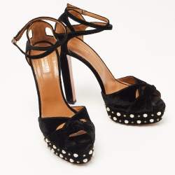 Pre Owned Aquazzura Black Knotted Velvet Harlow Embellished Platform Sandals Size 41