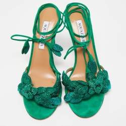 Pre Owned Aquazzura Green Suede Galactic Flower Ankle Tie Sandals Size 38