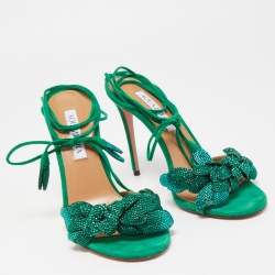 Pre Owned Aquazzura Green Suede Galactic Flower Ankle Tie Sandals Size 38