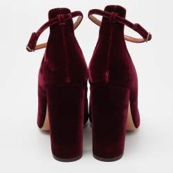 Pre Owned Aquazzura Burgundy Velvet Alix Ankle Strap Block Heel Pumps Size 40