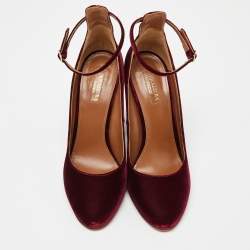 Pre Owned Aquazzura Burgundy Velvet Alix Ankle Strap Block Heel Pumps Size 40