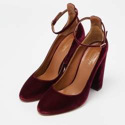 Pre Owned Aquazzura Burgundy Velvet Alix Ankle Strap Block Heel Pumps Size 40