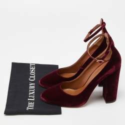 Pre Owned Aquazzura Burgundy Velvet Alix Ankle Strap Block Heel Pumps Size 40