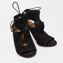 Pre Owned Aquazzura Black Suede Tie Up Strap Sandals Size 37