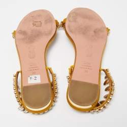 Pre Owned Aquazzura Yellow Satin Crystal Embellished Slide Flats Size 38