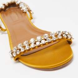 Pre Owned Aquazzura Yellow Satin Crystal Embellished Slide Flats Size 38
