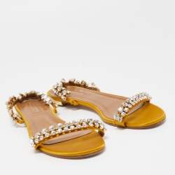 Pre Owned Aquazzura Yellow Satin Crystal Embellished Slide Flats Size 38