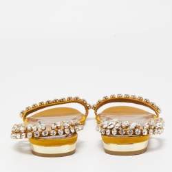 Pre Owned Aquazzura Yellow Satin Crystal Embellished Slide Flats Size 38