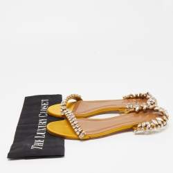 Pre Owned Aquazzura Yellow Satin Crystal Embellished Slide Flats Size 38