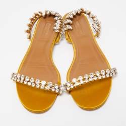 Pre Owned Aquazzura Yellow Satin Crystal Embellished Slide Flats Size 38