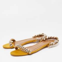 Pre Owned Aquazzura Yellow Satin Crystal Embellished Slide Flats Size 38