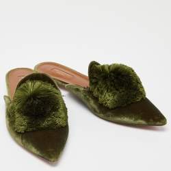 Pre Owned Aquazzura Green Velvet Powder Puff Pom Pom Flat Mules Size 40