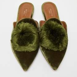 Pre Owned Aquazzura Green Velvet Powder Puff Pom Pom Flat Mules Size 40