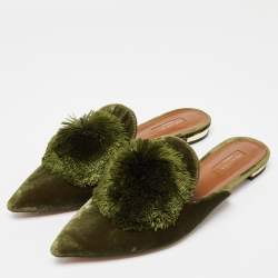 Pre Owned Aquazzura Green Velvet Powder Puff Pom Pom Flat Mules Size 40
