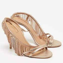 Pre Owned Aquazzura Metallic Gold Leather Embellished Ankle Strap Slingback Sandals Size 37