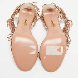 Pre Owned Aquazzura Metallic Gold Leather Embellished Ankle Strap Slingback Sandals Size 37